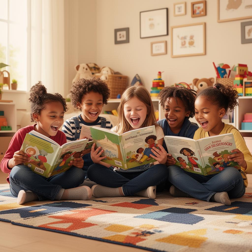 Five diverse children laughing while reading picture books together on a colorful rug