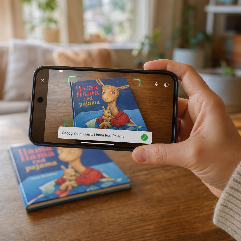 A parent's hand using a phone camera to scan a children's picture book cover